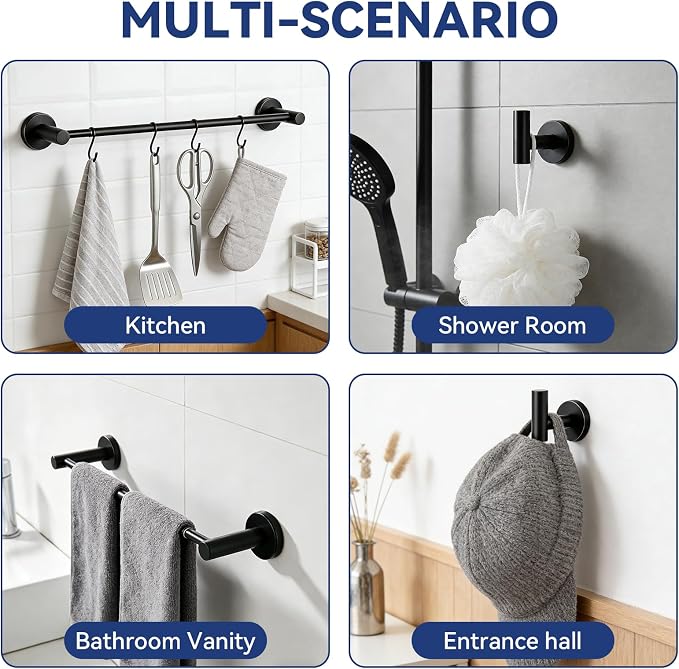5Pcs Bathroom Hardware Set, Matte Black Bathroom Accessories Set with 24" Towel Bar, Upgraded Toilet Paper Holder with Shelf, Towel Ring & 2 Robe Hooks, Wall Mounted Stainless Steel Bath Hardware Set