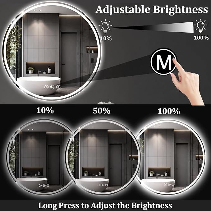 Round LED Bathroom Mirror, 36 Inch, HD Shatterproof Tempered Glass | Lighted Bathroom Mirror with Dimmable Lights Bathroom Mirror with Lights for Wall, 3 Color Temperatures