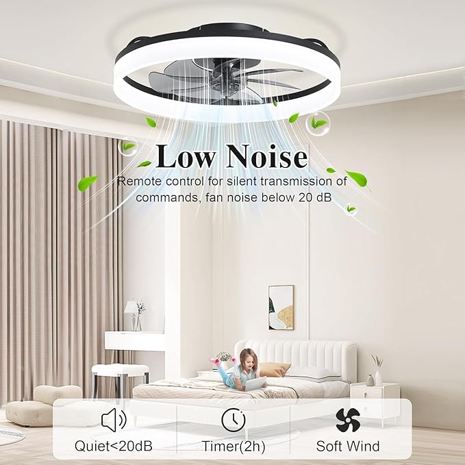 Ceiling Fans with Lights and Remote Fandelier - 20'' Flush Mount Low Profile Modern Black Ceiling Fans for Bedroom - Stepless Color Temperature Change and 6 Speeds, Black