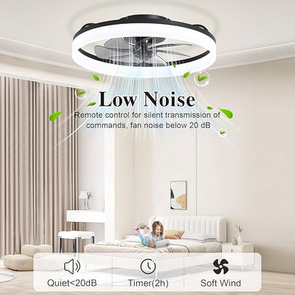 Ceiling Fans with Lights and Remote Fandelier - 20'' Flush Mount Low Profile Modern Black Ceiling Fans for Bedroom - Stepless Color Temperature Change and 6 Speeds, Black