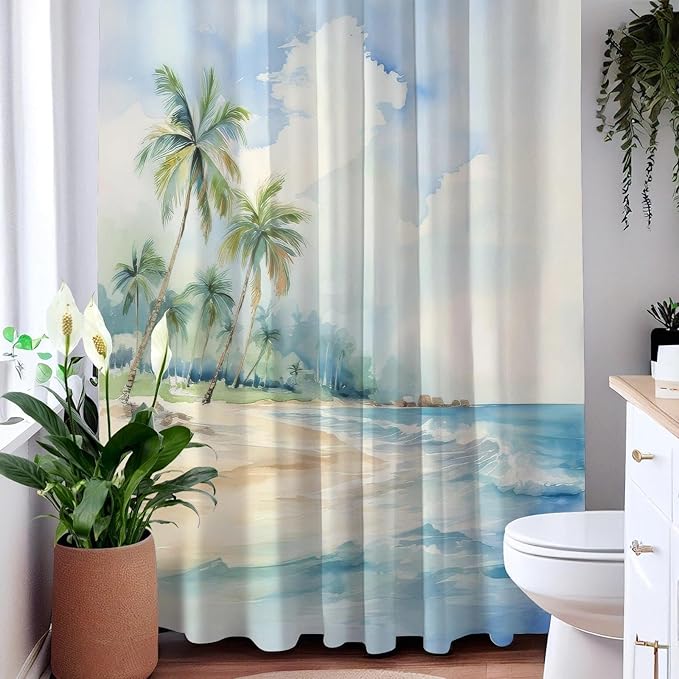 Sea Beach Shower Curtain for Bathroom,Blue Tropical Coastal Waterproof Polyester Shower Curtains,Funny Ocean Theme Bathroom Decor,72x72 Inch