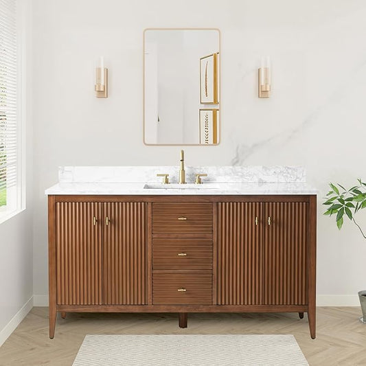 HOMEBEYOND 60" Bathroom Vanity with Single Sink, Solid Wood Bathroom Vanity Free-Standing Cabinet, Ceramic Top & Soft Closing Door, Golden Brushed Handware, Walnut