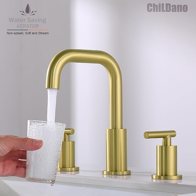 ChiLDano Brushed Gold Bathroom Faucets 3 Hole with Drain and Supply Hose | 2 Handles Brushed Gold Widespread Bathroom Faucet for Sink 3 Hole, 8 inch Bathroom Sink Countertop Faucet Matte Gold CH3166BG
