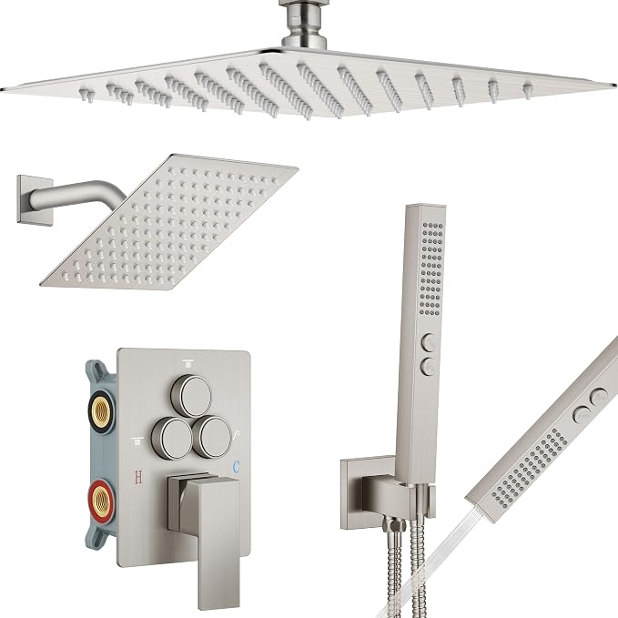 Aolemi Ceiling Shower Faucet Set System Dual Head 16&6 Inch Brushed Nickel | 2 in 1 Handheld Spray,Shower Valve and Trim Kit,Push Button Diverter, 16"Top+6" Wall Rain Head,Bathroom Mixer for Couple