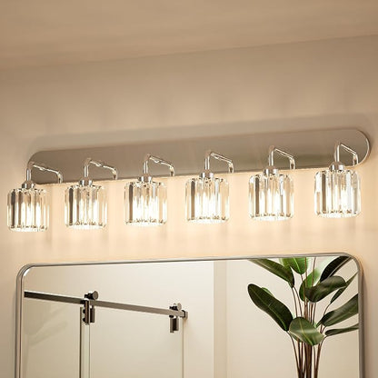 Keonjinn 6-Light Chrome Crystal Bathroom Light Fixtures Over Mirror | Vanity Lighting Fixture with Crystal Square Shades, Dimmable, Modern Style, Compatible with E26 Base LED Bulbs (Exclude Bulb)
