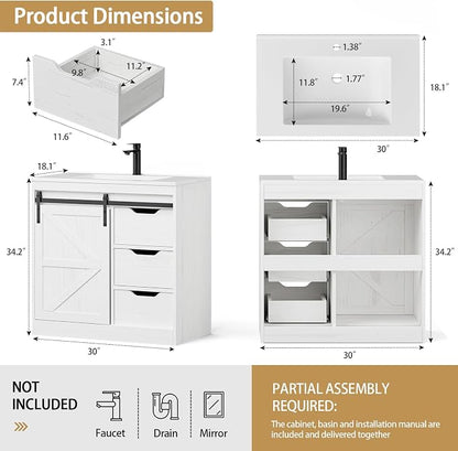 SUNTAGE Bathroom Vanity with Sink, Freestanding Farmhouse Bathroom Storage Cabinet with 3 Drawers & Sliding Door, White Resin Basin Vanity Combo Set (Distressed White, 30")