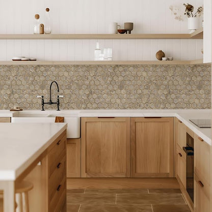 STICKGOO Hexagon Peel and Stick Backsplash Tile, Stick on Backsplash for Kitchen and Bathroom, Stone Beige PVC Mixed Metal Gold Self Adhesive Wall Tiles(10 Sheets, Seamless)