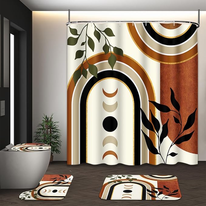 Bathroom Sets with Shower Curtain and Rugs, 4 Pcs, Mid Century Boho | Geometric Abstract Leaves Bathroom Decor Set with Toilet Lid Cover, Non-Slip Bath Mats and Accessories 12 Hooks