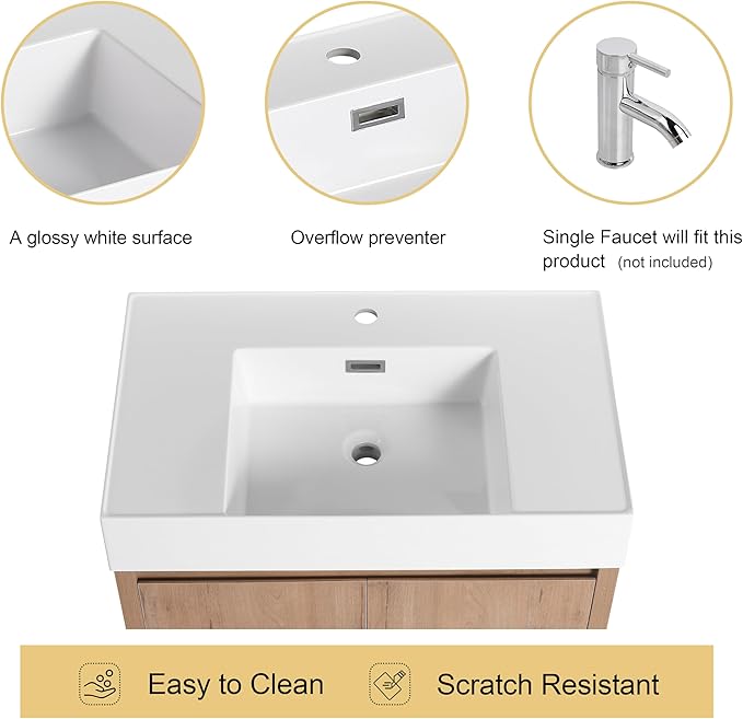 Malwee 30 Inch Floating Bathroom Vanity with Sink, 30'' Single Sink Wall Mounted Bathroom Vanity, with 2 Doors and White Resin Basin Top, Wall Hung Storage Cabinet Set (035-30MA)