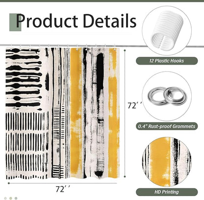 Abstract Boho Shower Curtain, Mid Century Modern Black And Beige Geometric Stripes Shower Curtains Set, Minimalist Aesthetic Art Yellow Polyester Fabric Shower Curtains for Bathroom with Hooks 72X72IN