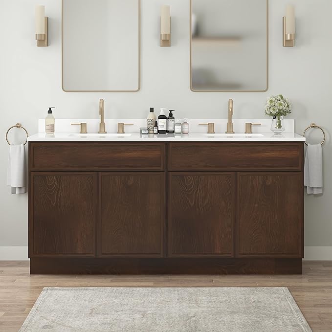 Vanity Art 66 Inch Bathroom Vanity Base Cabinet Double Sink Top (Without Sink), Soft Closing Door, Storage Unassembled Cabinet, Brown, 2ea 33 Inch Cabinet Combo