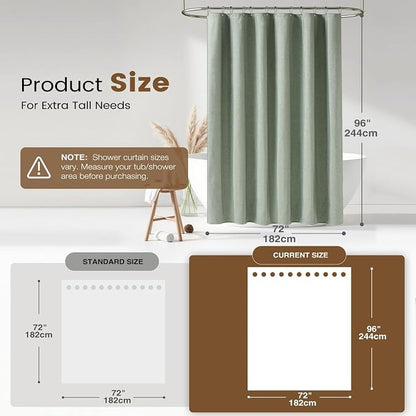 BTTN 3 in 1 Shower Curtain Set - 96 Inch Extra Long Linen Textured Cloth Shower Curtain Liner with Plastic Hooks and 3 Magnets, Tall Modern Waterproof Shower Curtain for Bathroom, Sage Green, 72x96