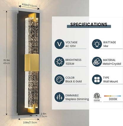 WOSHITU LED Wall Sconce Light: 19 Inch Black & Gold Modern Sconces Wall Lighting 3000K Dimmable Crystal Wall Lamps Indoor Bathroom Sconce Mount Light Fixtures for Living Room/Bedroom/Hallway