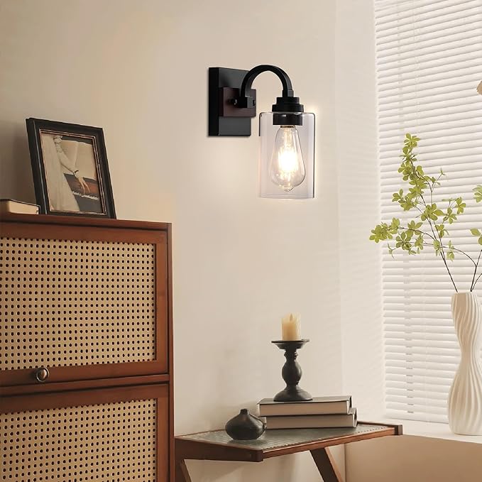 1-Light Black Wall Sconces, Farmhouse Vanity Light Fixtures for Bathroom, Wood Wall Lighting with Clear Glass Shade, Wall Sconce for Hallway, Entryway, Bedroom, Living Room