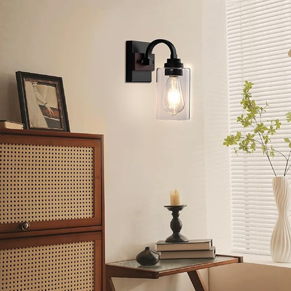 1-Light Black Wall Sconces, Farmhouse Vanity Light Fixtures for Bathroom, Wood Wall Lighting with Clear Glass Shade, Wall Sconce for Hallway, Entryway, Bedroom, Living Room