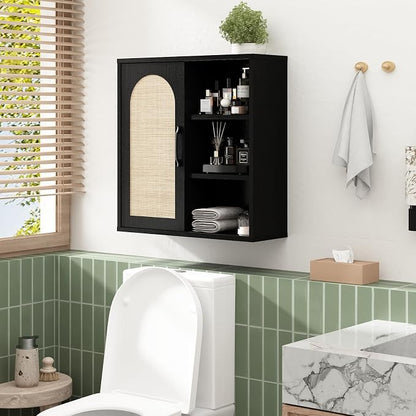 RUSTOWN Boho Rattan Bathroom Wall Cabinet with Sliding Door, Black | Farmhouse Bathroom Cabinet, Adjustable Shelves, Over The Toilet Storage Cabinet, 3-Tier Wall Mounted Cabinets