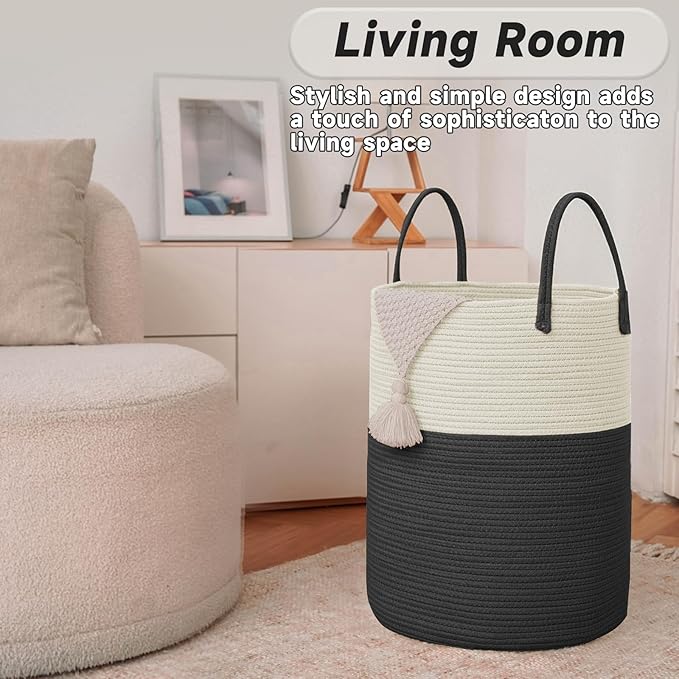 JMvicyroam 80L Cotton Rope Laundry Basket Hamper, White and Black | Collapsible laundry basket, reinforced handles, freestanding, machine washable, holds 3-5 thick blankets, clothes or toys