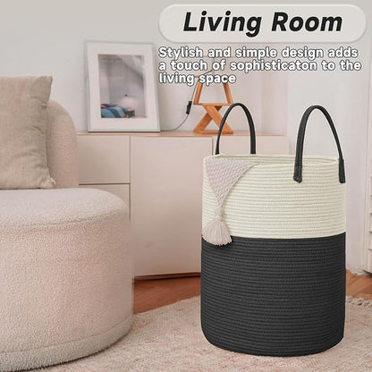 JMvicyroam 80L Cotton Rope Laundry Basket Hamper, White and Black | Collapsible laundry basket, reinforced handles, freestanding, machine washable, holds 3-5 thick blankets, clothes or toys