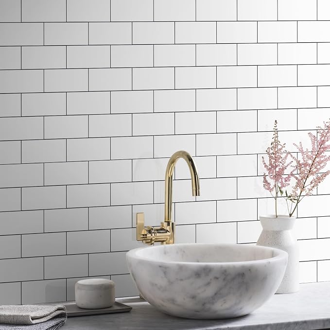 Vamos Tile 100-Piece Glossy Pure White Peel and Stick Backsplash Tile,3''x6'' PVC Subway Tile with Dark Gray Grout,Stick on Backsplash for Kitchen/Bathroom/Fireplace