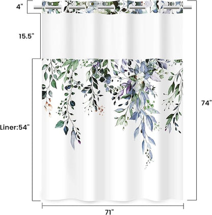No Hook Floral Shower Curtain with Liner, Eucalyptus Green, 71x74 | Snap in Liner, 3 in 1, Water Repellent, Easy Install, Machine Washable, Hotel Style for Bathroom, Watercolor Pattern