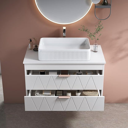 32" Floating Bathroom Vanity with Single Sink, Modern Stripe Wall Mounted Bathroom Vanities with Above Ceramic Basin, Wood Bathroom Vanity Storage Cabinet with 2 Drawers, White