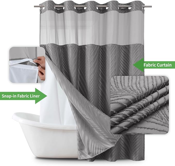 eachope no Hook Shower Curtain and Liner Set，Boho Style with See Through Top Window, Grey Fabric Tufted Striped Textured Outer Curtain & Waterproof Inner Liner, Grey/Gray, 71Wx86H