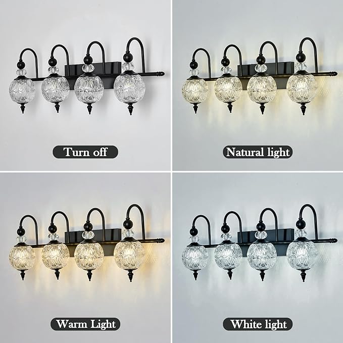 Vintage Bathroom Light Fixtures Black Vanity Light with Glass Globe LampShade 4 Lights Mid Century G9 Bulb Wall Sconce Indoor Vanity Light Over Mirror for Kitchen Bedroom Farmhouse