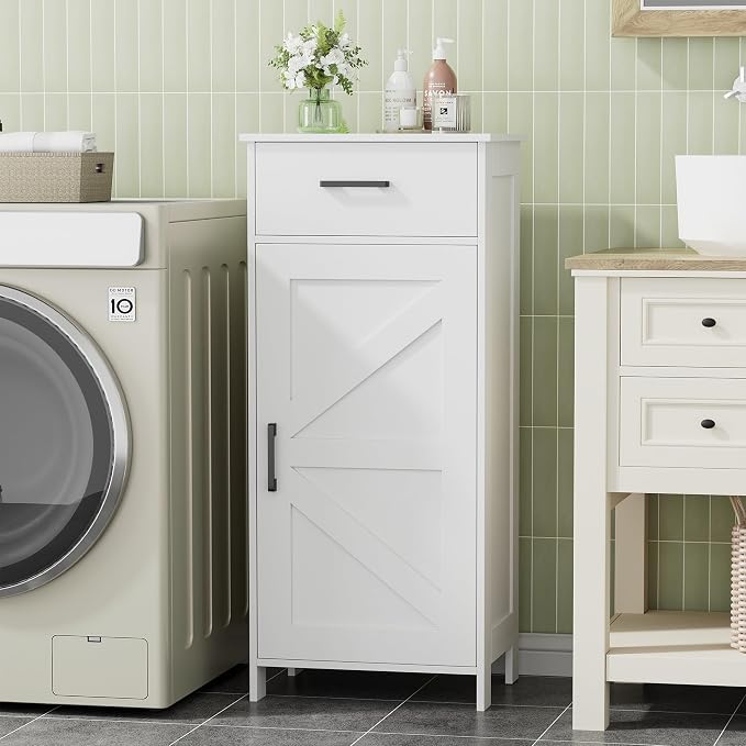 Homhedy Bathroom Storage Cabinet with Drawer & Adjustable Shelf | Freestanding Storage Cabinet for Bathroom, Entryway, Living Room & Kitchen, White, 15.7"W