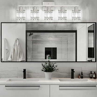 Crystal Modern Bathroom Light Fixtures, 5-Light Brushed Nickel Bathroom Vanity Wall Light, Vanity Lights for Mirror, Restroom, Bedroom (E26 Socket, Bulbs Not Included)