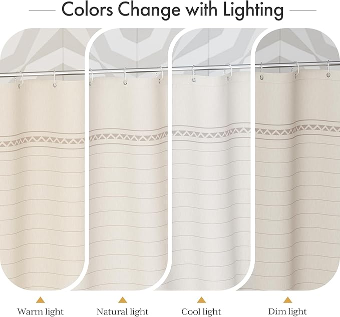 AmazerBath Boho Shower Curtain, Modern Farmhouse Shower Curtain Set with Tassels, Rustic Faux Linen Pink Striped Shower Curtain with Hooks, Light Tan Toned, 72x72 Inches