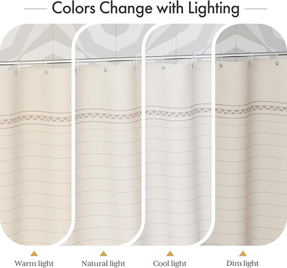 AmazerBath Boho Shower Curtain, Modern Farmhouse Shower Curtain Set with Tassels, Rustic Faux Linen Pink Striped Shower Curtain with Hooks, Light Tan Toned, 72x72 Inches