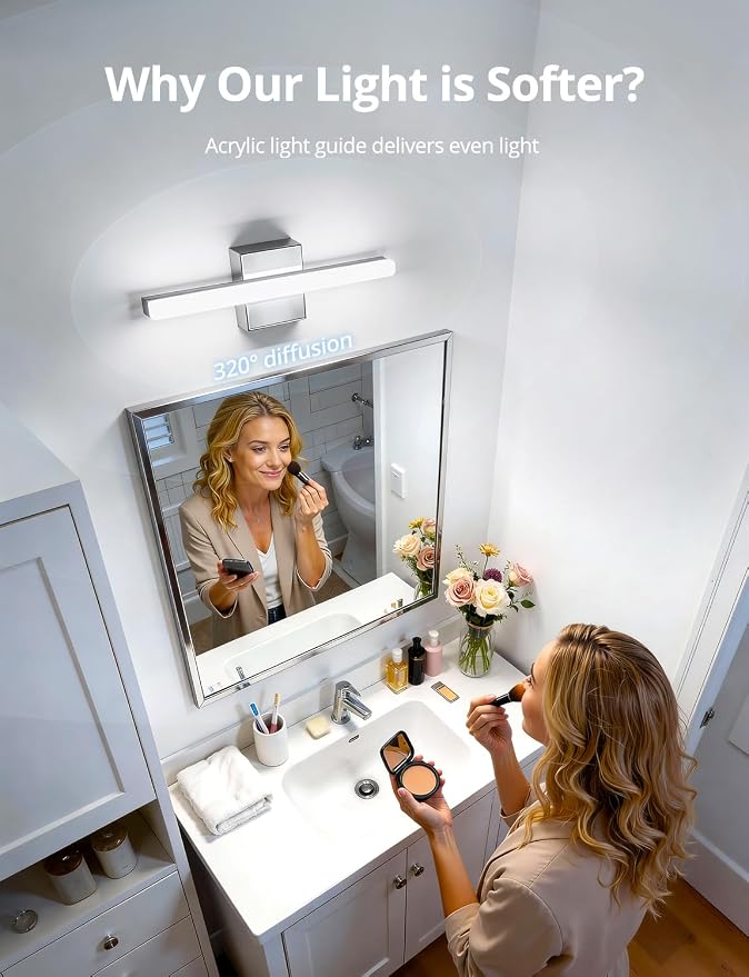 Modern Bathroom Light Fixtures Over Mirror, Vanity Wall Lamp Chrome | Small 16 Inch, Gentle Shadow Free, Linear Sconce Bar, for Makeup, Minimalist, IP44 Rustproof, 6000K Cool White, 2 Pack