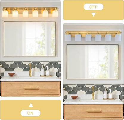 6 Light Modern Bathroom Light Fixtures Over Mirror, Brass Finish Vanity Lights for Bathroom Wall Sconces with Milky White Glass Shades, E26 Socket (Bulbs Not Included)
