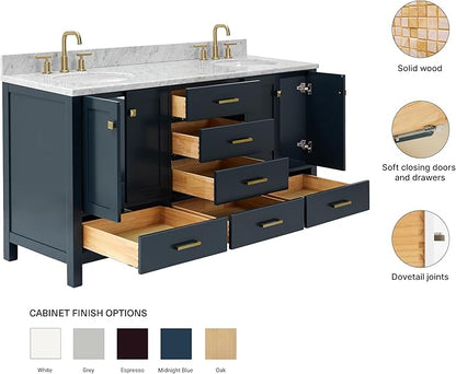 ARIEL Cambridge 66-inch Bathroom Vanity with Sink,Solid Wood, 0.75-inch Italian Carrara Marble Countertop, Double Oval Porcelain Sink, 4 Soft Closing Doors, 6 Dovetail Drawers, Midnight Blue