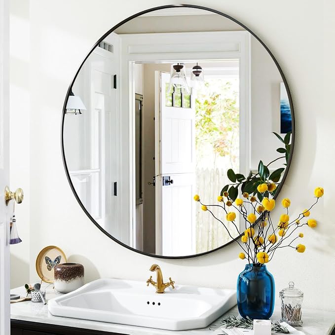 Black Round Bathroom Mirror 24", Thin Metal Frame Wall Mirror | Circle Vanity Mirror for Over Sink, Hanging or Leaning Decor for Hallway, Entryway, Fireplace Mantel, Living Room