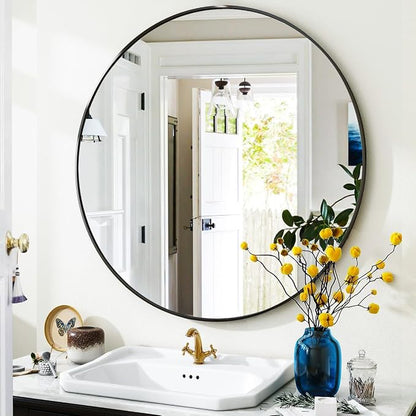 Black Round Bathroom Mirror 24", Thin Metal Frame Wall Mirror | Circle Vanity Mirror for Over Sink, Hanging or Leaning Decor for Hallway, Entryway, Fireplace Mantel, Living Room