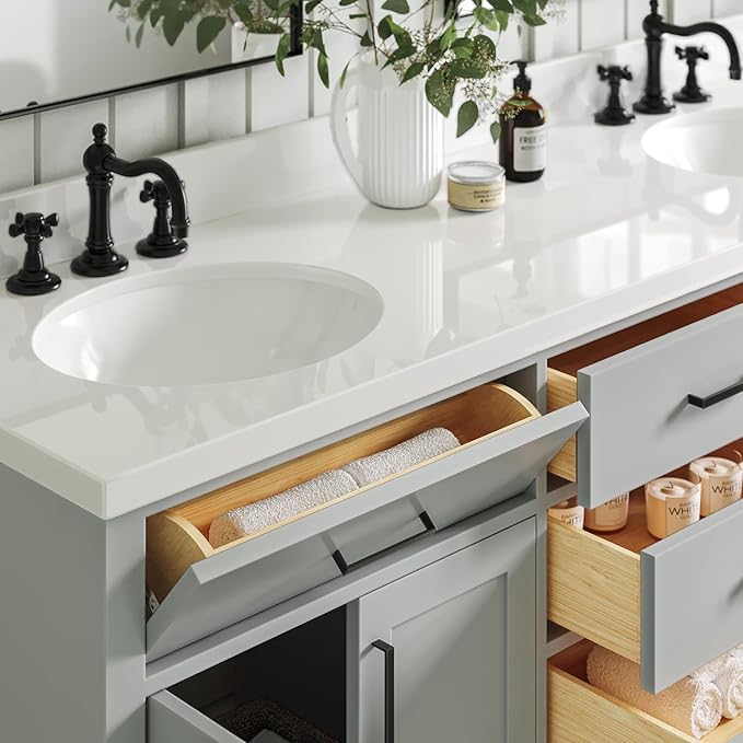 ARIEL Hepburn 72-inch Bathroom Vanity with Sink,Solid Wood, 1.5-inch Pure White Quartz Countertop & Backsplash, Double Oval Porcelain Sink, 4 Soft Closing Doors, 6 Dovetail Drawers, Grey