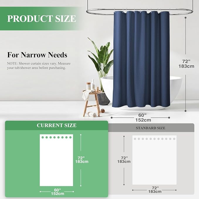Stall Waffle Shower Curtain 256 GSM Heavy Fabric 60x72 Navy Blue | 60 Inch Wide, Thick Cloth, Weighted Hem, Water Repellent, Hotel Luxury Polyester Shower Curtain Set for Bathroom 10 Hooks