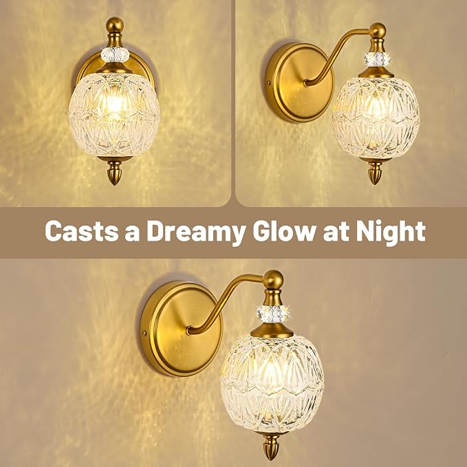 1 Piece Vintage Wall Sconce, 1-Light Mid Century Matte Brass Finish Wall Sconce with Globe Glass Shade, Retro Light for Bathroom, Bedroom, Living Room,Powder Room