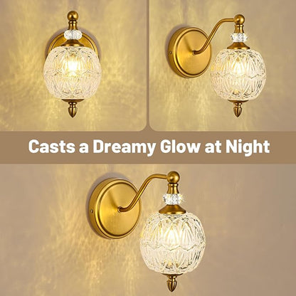 1 Piece Vintage Wall Sconce, 1-Light Mid Century Matte Brass Finish Wall Sconce with Globe Glass Shade, Retro Light for Bathroom, Bedroom, Living Room,Powder Room