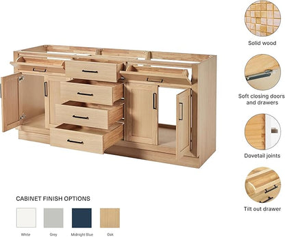 ARIEL Hepburn 72-inch Bathroom Vanity Base Cabinet,Solid Wood, 4 Soft Closing Doors, 6 Dovetail Drawers, White Oak