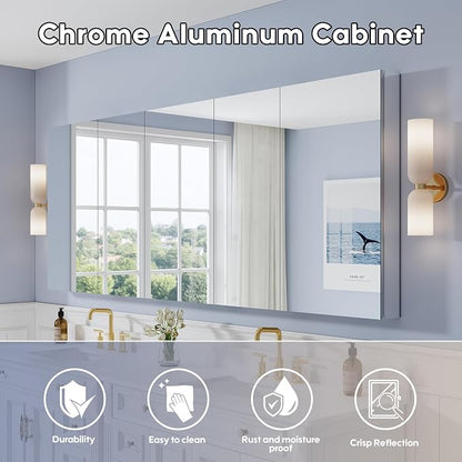 92" x 36" Bathroom Medicine Cabinet with Mirror, Anodized Chrome Aluminum Frame, Surface Mount or Recessed Medicine Cabinet with Mirror, Bathroom Mirror with Storage, Five Doors