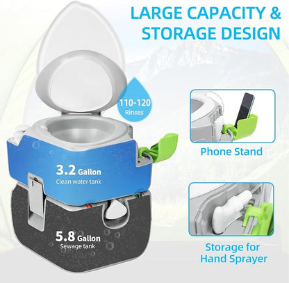 YITAHOME Portable Toilet Camping Porta Potty 5.8 Gallon with Diagonal | Hand Sprayer, Level Indicator, Carry Bag, Portable Toilet for Adults, RV Travel, Boat and Trips