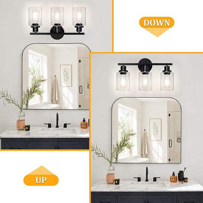 Unicozin Modern Bathroom Light Fixtures, 3 Light Vanity Lights with E26 Bulbs, Black Wall Lamp with Clear Glass for Mirror Living Room Hallway Cabinet Porch