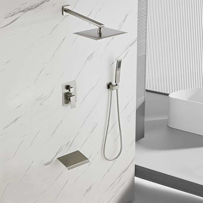 Brushed Nickel Rainfall Shower Head 8 Inch Set Faucet with Tub Spout and Handle System Square Wall Mount for Bathroom
