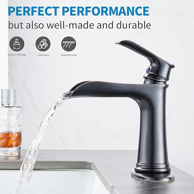 Oil Rubbed Bronze Bathroom Faucet, Sanliv Waterfall Faucet for Bathroom Sinks 1 or 3 Hole, Single Handle Vanity Faucets with Pop Up Drain Deck Plate Supply Hoses, ORB