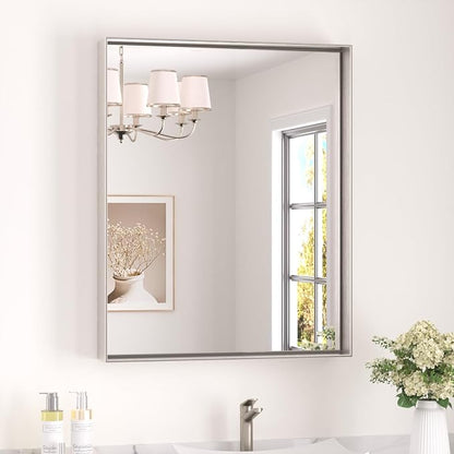 Keonjinn 24x30 Inch Brushed Nickel Bathroom Mirror for Over Sink, Rectangle | HD Tempered Glass, Vanity Mirror, Brushed Framed, Square Corner, Modern Farmhouse, Wall Mounted Mirrors, Aluminum Alloy