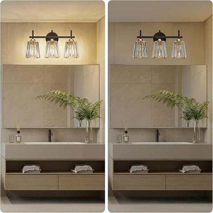 Crystal Bathroom Light Fixtures Over Mirror, Black Gold 3-Light Bathroom Vanity Lights Over Mirror Modern Wall Lighting Sconces with Ceramic E26 Base (Bulbs Not Include)