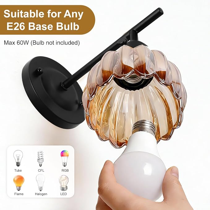 Vintage Wall Sconces with Cute Amber Tulip Glass Lampshade, Black Wall Sconces Hradwired Modern Wall Lighting Fixture with Switch for Bedside Bedroom Living Room Wall Decor