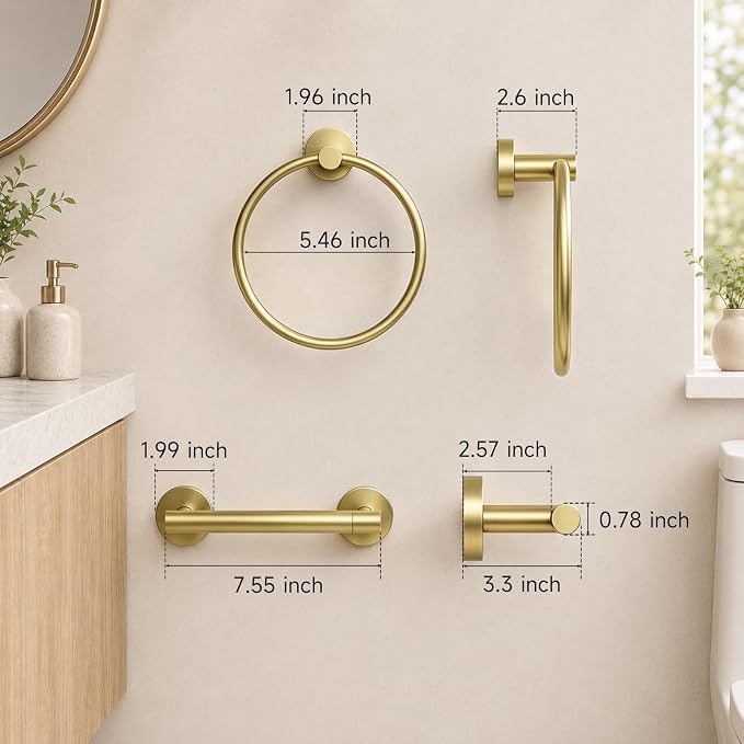 Toilet Paper Holder and Hand Towel Ring Bathroom Set | Brushed Gold,Stainless Steel,Wall Mount,Bathroom Accessories,Hand Towel Ring and Toilet Paper Holder Set,Easy to install